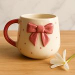 Cute Pink Bow Ceramic Mug for Coffee Tea Milk | 3D Bow Design Gift Mug for Girls Women Kids | Premium Glazed Polka Dot Finish (1)