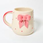 Ceramic Coffee Mug with Pink Bow Design, Cream with Pink Polka Dots, Handmade Style