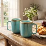 Handmade Ceramic Coffee Mug Set of 2 Blue Glaze | 220ml Each Drip Design | Microwave Dishwasher Safe | Valentine Gift for Couple Friend Family | Elegant Tea Cup Pair for Home Office Kitchen Use