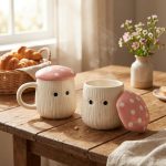 Pink Mushroom Ceramic Mugs with Lid Set of 2 | 300ml Coffee Tea Cups Polka Dot | Microwave Dishwasher Safe | Valentine Couple Gift | Home Decor Kitchen Dining Handmade India