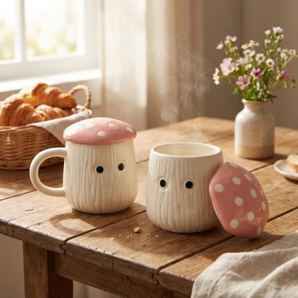 Pink Mushroom Ceramic Mugs with Lid Set of 2 | 300ml Coffee Tea Cups Polka Dot | Microwave Dishwasher Safe | Valentine Couple Gift | Home Decor Kitchen Dining Handmade India