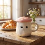 Pink Mushroom Ceramic Mug with Lid 300ml | Handmade Coffee Tea Cup with Polka Dot Lid | Microwave Dishwasher Safe | Valentine Gift for Her Him | Home Decor Kitchen Dining India