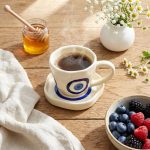 Evil Eye Ceramic Cup and Saucer Set | Hexagonal Nazar Battu Coffee Mug 220ml | Handmade Tea Cup | Blue Evil Eye Protection Gift | Dishwasher Safe