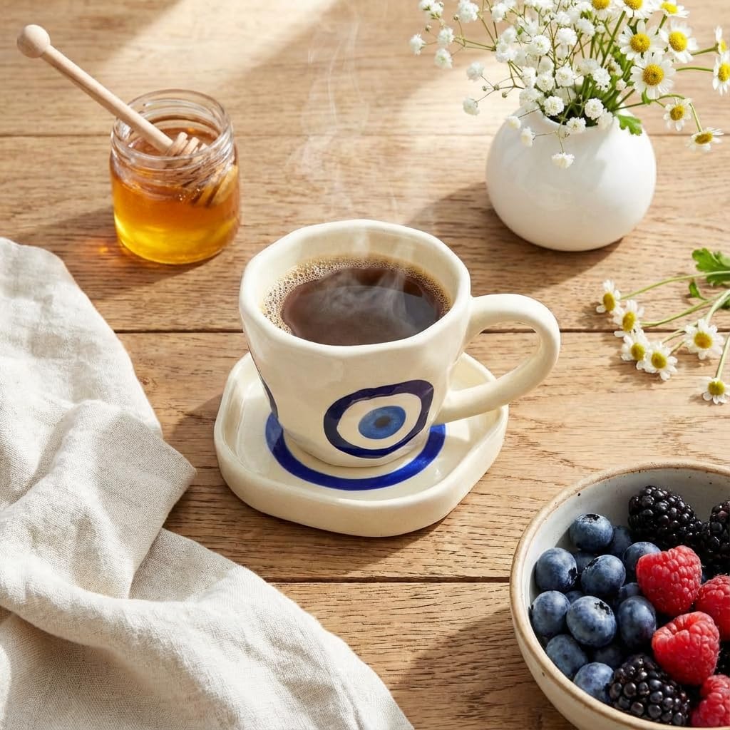 Evil Eye Ceramic Cup and Saucer Set | Hexagonal Nazar Battu Coffee Mug 220ml | Handmade Tea Cup | Blue Evil Eye Protection Gift | Dishwasher Safe