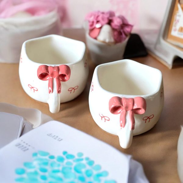 Coffee Cup | Coffee Mugs Set of 2 Ceramic – 250ml Capacity with Unique Art | Perfect for Coffee Tea Milk | Microwave & Dishwasher Safe | Ideal for Home, Gifting (Pink Bow Handle)