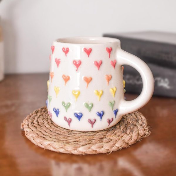 Ceramic Mug with Rainbow Heart Design | Colorful Pop Heart Pattern Coffee Mug for Home & Office | Tea Cups Unique Pottery Gift, 260 ML