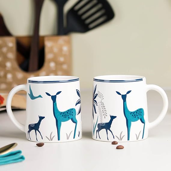 The Earth Store Stag Blue Coffee Mugs Set of 2 to Gift to Best Friends, Coffee Mugs, Microwave Safe Ceramic Mugs,(300 ml Each)