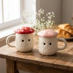 Mushroom Ceramic Mugs Set of 2 Red Pink | 300ml Coffee Tea Cups with Lids Polka Dot | Microwave Dishwasher Safe | Valentine Couple Gift | Kawaii Home Decor Kitchen Dining Handmade India