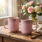 Handmade Ceramic Coffee Mug Set of 2 Pink Glaze | 220ml Each Drip Design | Microwave Dishwasher Safe | Valentine Gift for Couple Friend Family | Elegant Tea Cup Pair for Home Office Kitchen Use