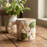 3D Flower Ceramic Coffee Mug 220ml | Handmade Tea Cup with Handle | Microwave Safe Coffee Cup Gift for Women | Valentine Gift for Her | Home Office Chai Mug | Birthday Gift for Girls