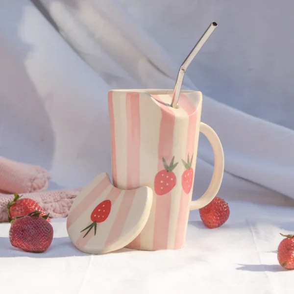 Ceramic Tumbler With Straw – Strawberry Pink Stripe