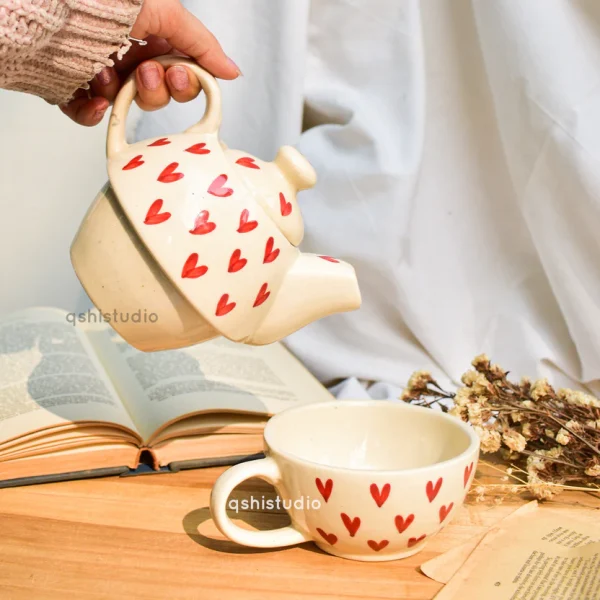 Ceramic Tea Pot & Cup Set – Red Hearts