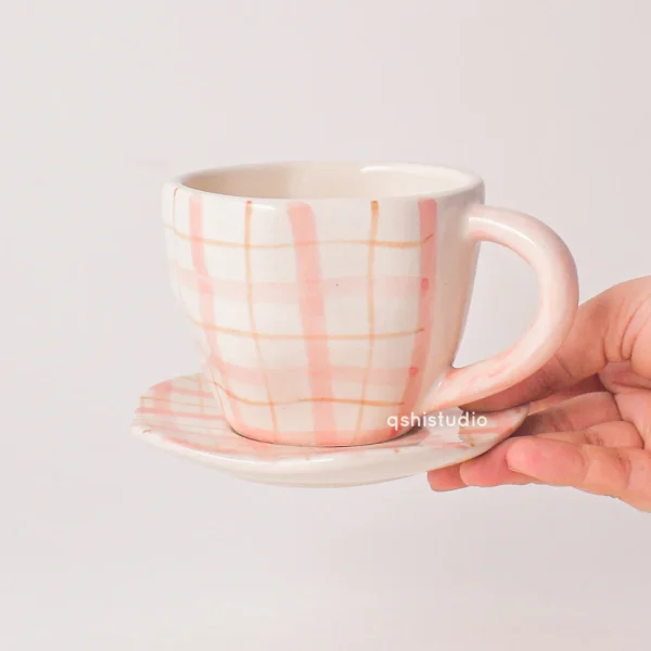 Handmade Cute Ceramic mug & Coaster Set – Plaid
